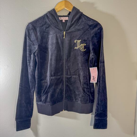 Juicy Couture NWT Velour Robertson Hoodie | Black & Gold Gothic JC Logo | Y2K - Picture 1 of 7
